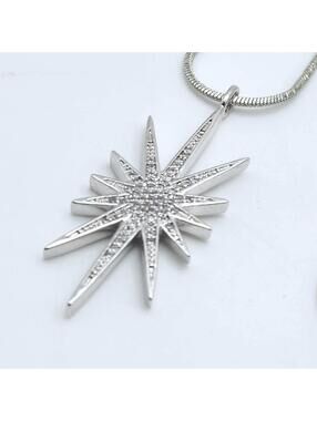 Silver Starburst Pendant & Necklace With Rhinestones 18"